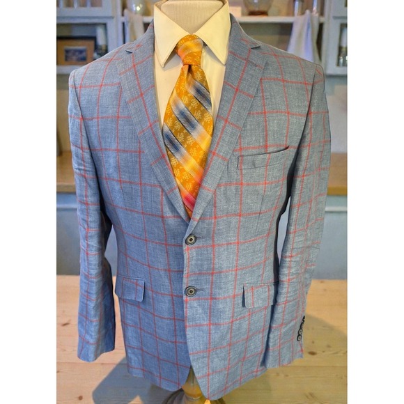 Tallia Men's 100% Linen Blue Red Windowpane Plaid Sport Coat Jacket Blazer 40S